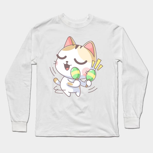 Cute cat playing maracas cartoon Long Sleeve T-Shirt by Wawadzgnstuff